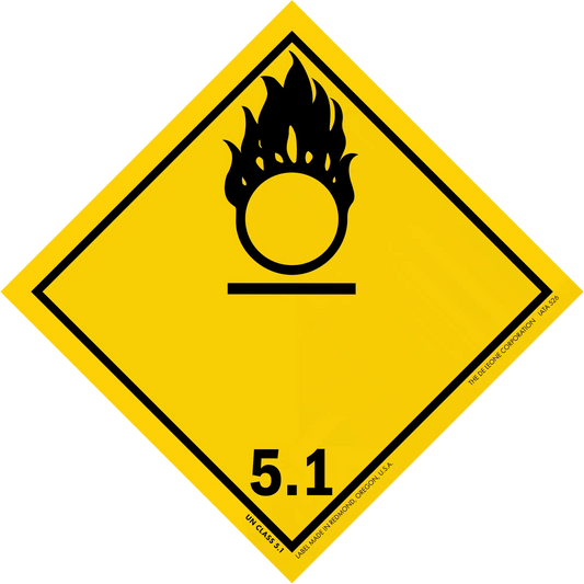 Yellow diamond-shaped hazard warning sign with a black oxidizing agent symbol (flame over circle) and number 5.1.