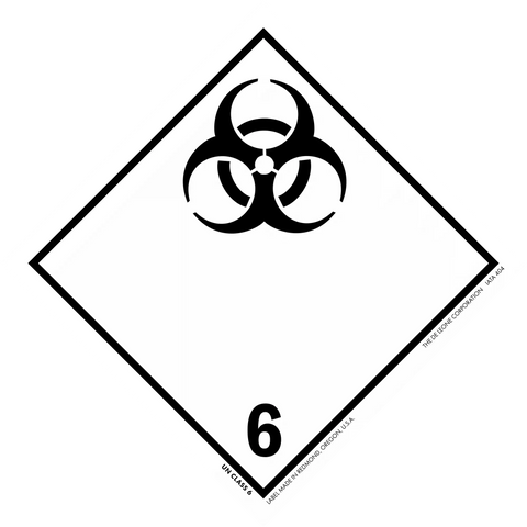 Black biohazard symbol inside a diamond shape with the number 6.