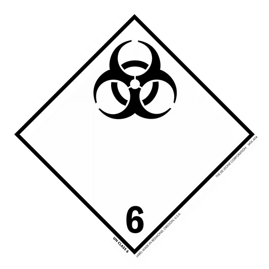 Black biohazard symbol inside a diamond shape with the number 6.