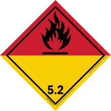 Diamond-shaped hazard warning sign for organic peroxides (Class 5.2) with black flame symbol on red and yellow background.