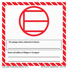 Red and white hazardous materials shipping label with blank spaces for content information.