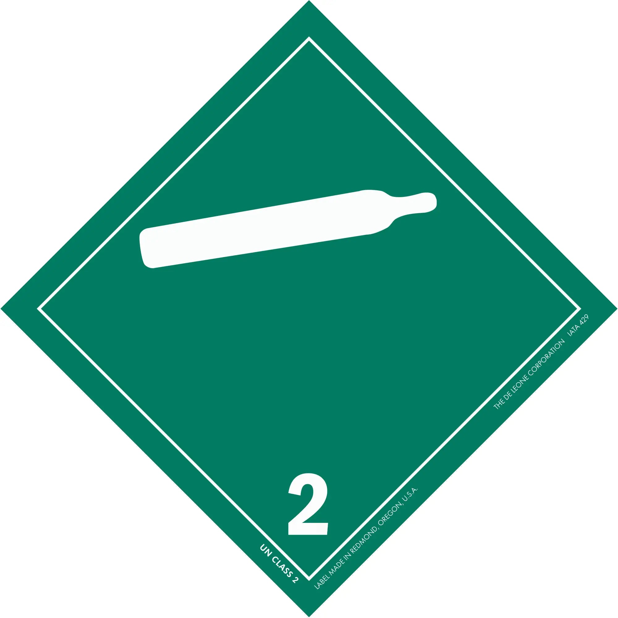 Green diamond-shaped hazard placard with number 2 and compressed gas cylinder symbol.