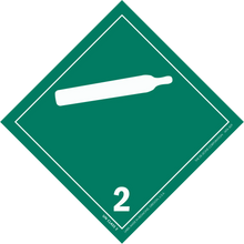 Green diamond-shaped hazard placard with number 2 and compressed gas cylinder symbol.