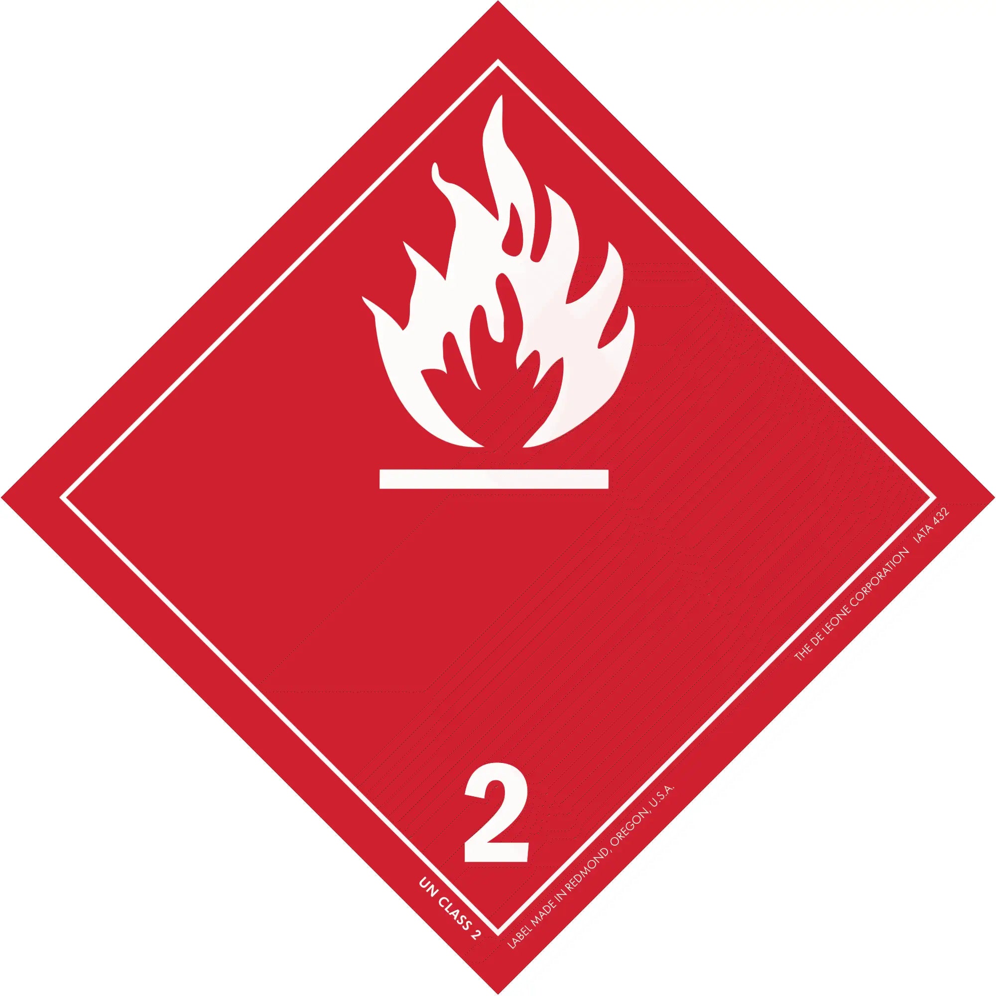 Red diamond-shaped hazard placard with white flame symbol and number 2, indicating flammable gases.