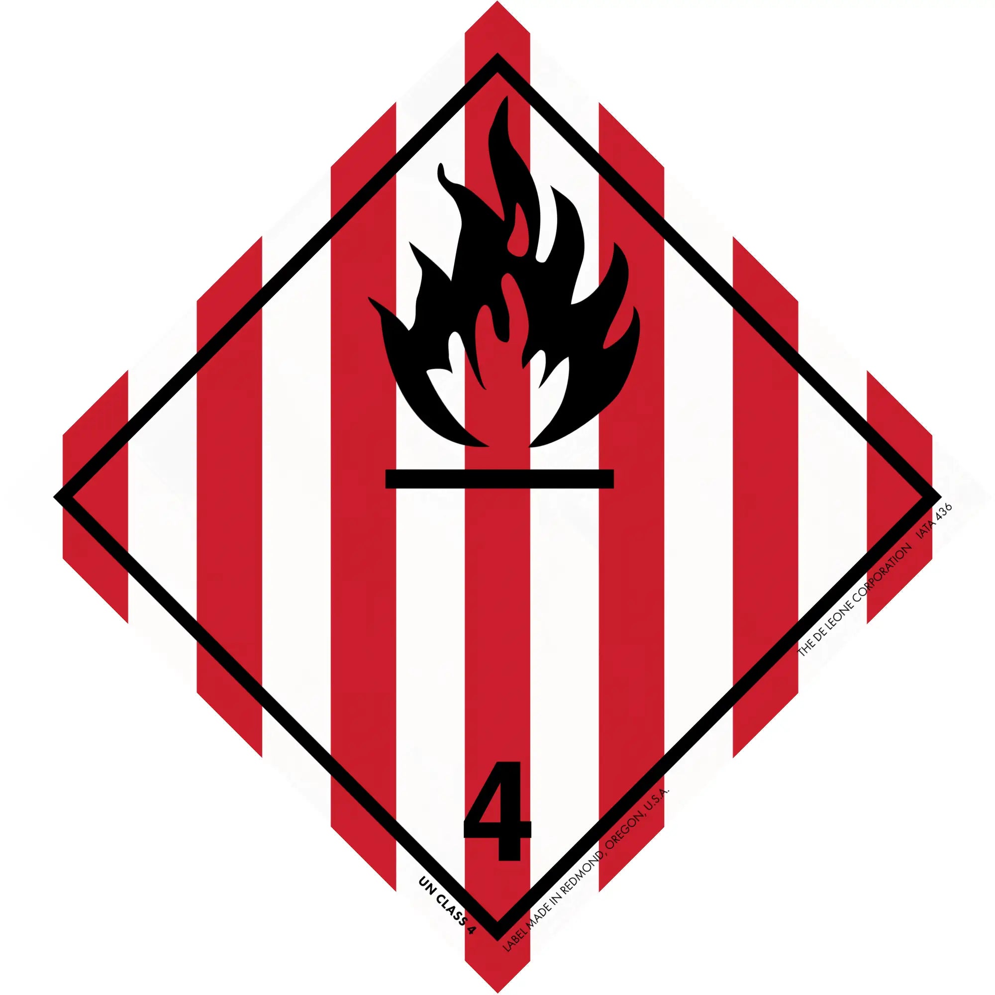 Hazardous material warning symbol for flammable solids with red and white stripes and black flame icon.