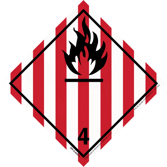 Hazardous material warning symbol for flammable solids with red and white stripes and black flame icon.