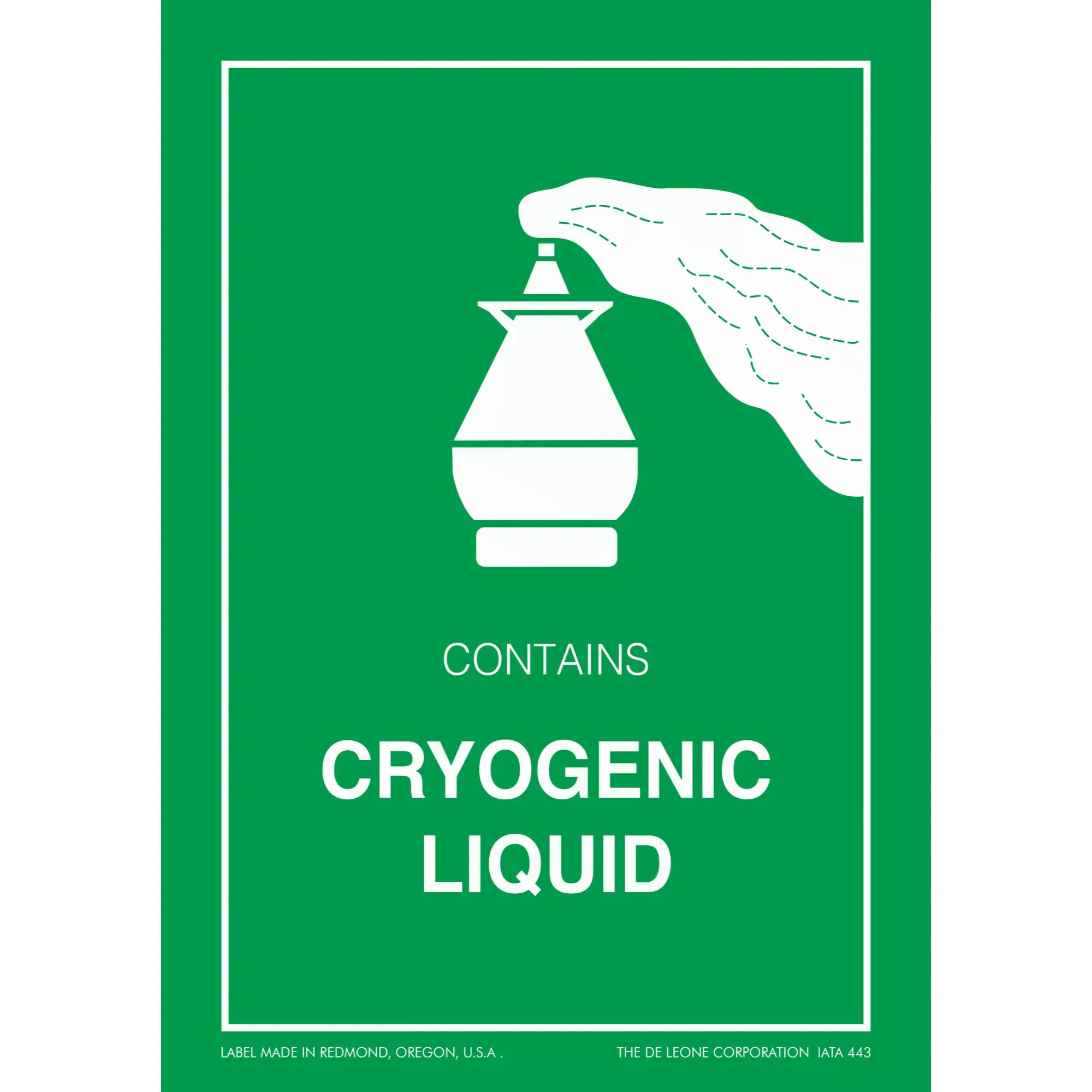 Warning sign with white text ’CONTAINS CRYOGENIC LIQUID’ and a liquid container symbol on a green background.