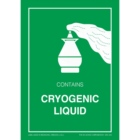 Warning sign with white text ’CONTAINS CRYOGENIC LIQUID’ and a liquid container symbol on a green background.