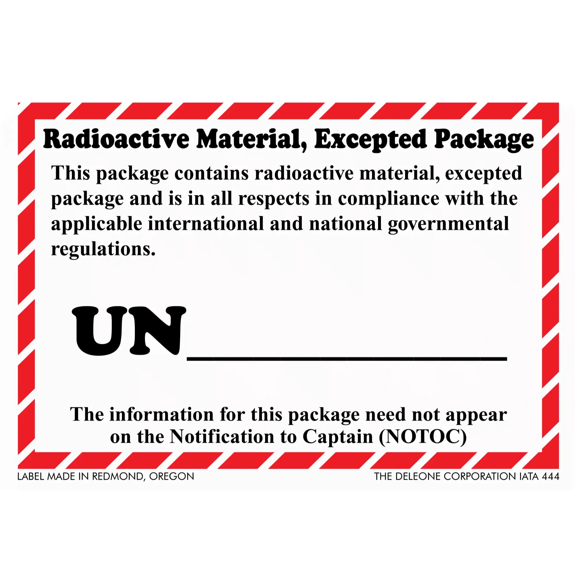 Warning label for radioactive material excepted packages with red striped border and UN number field.
