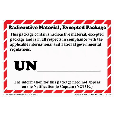 Warning label for radioactive material excepted packages with red striped border and UN number field.