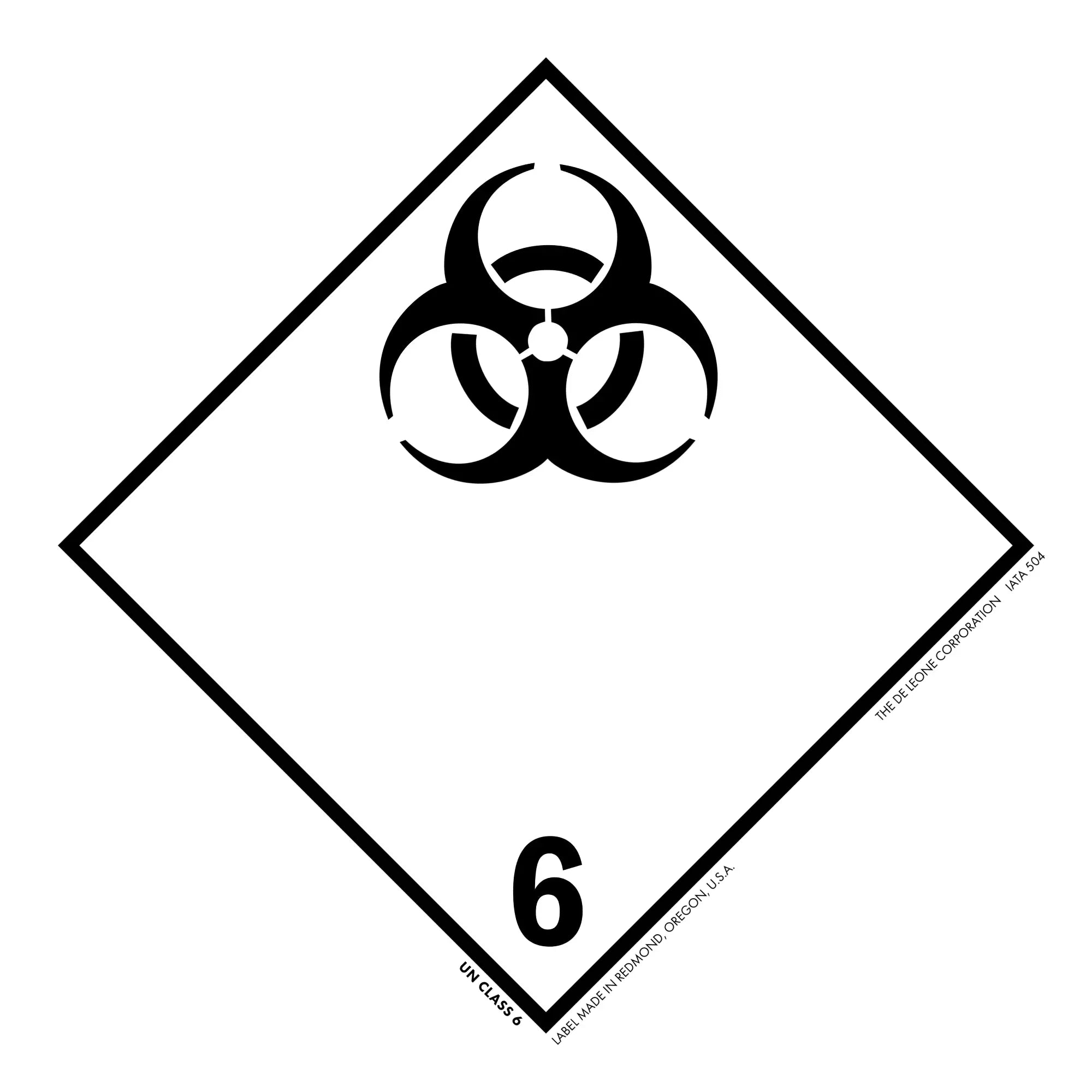 Black biohazard symbol inside a diamond shape with the number 6.