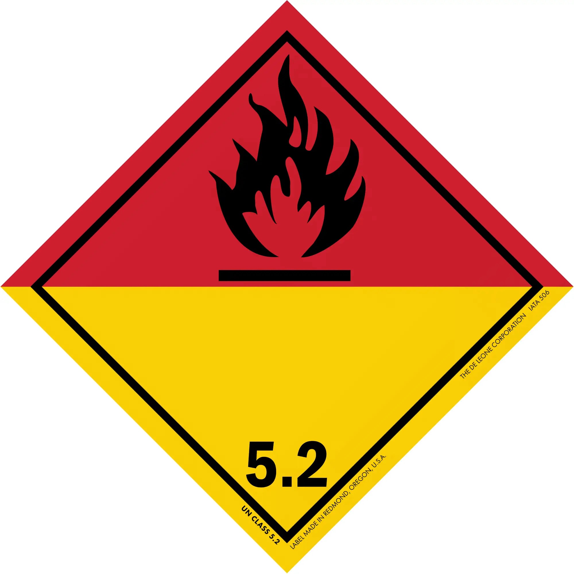 Diamond-shaped hazard warning sign for organic peroxides (Class 5.2) with black flame symbol on red and yellow background.