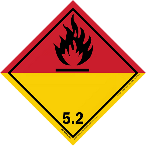 Diamond-shaped hazard warning sign for organic peroxides (Class 5.2) with black flame symbol on red and yellow background.