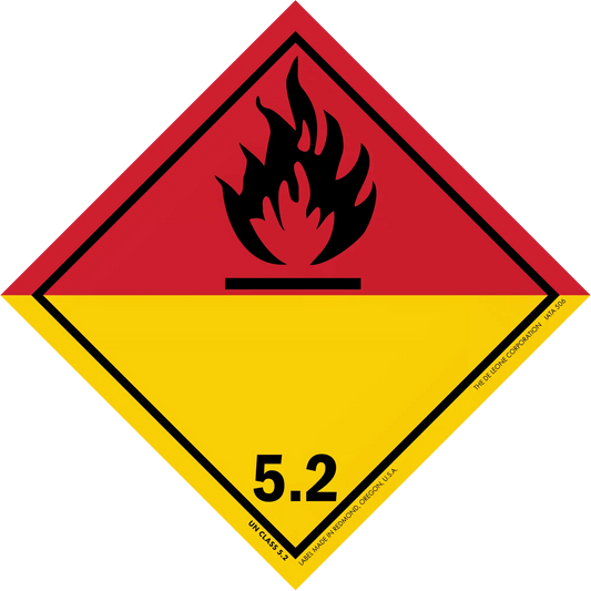 Diamond-shaped hazard warning sign for organic peroxides (Class 5.2) with black flame symbol on red and yellow background.