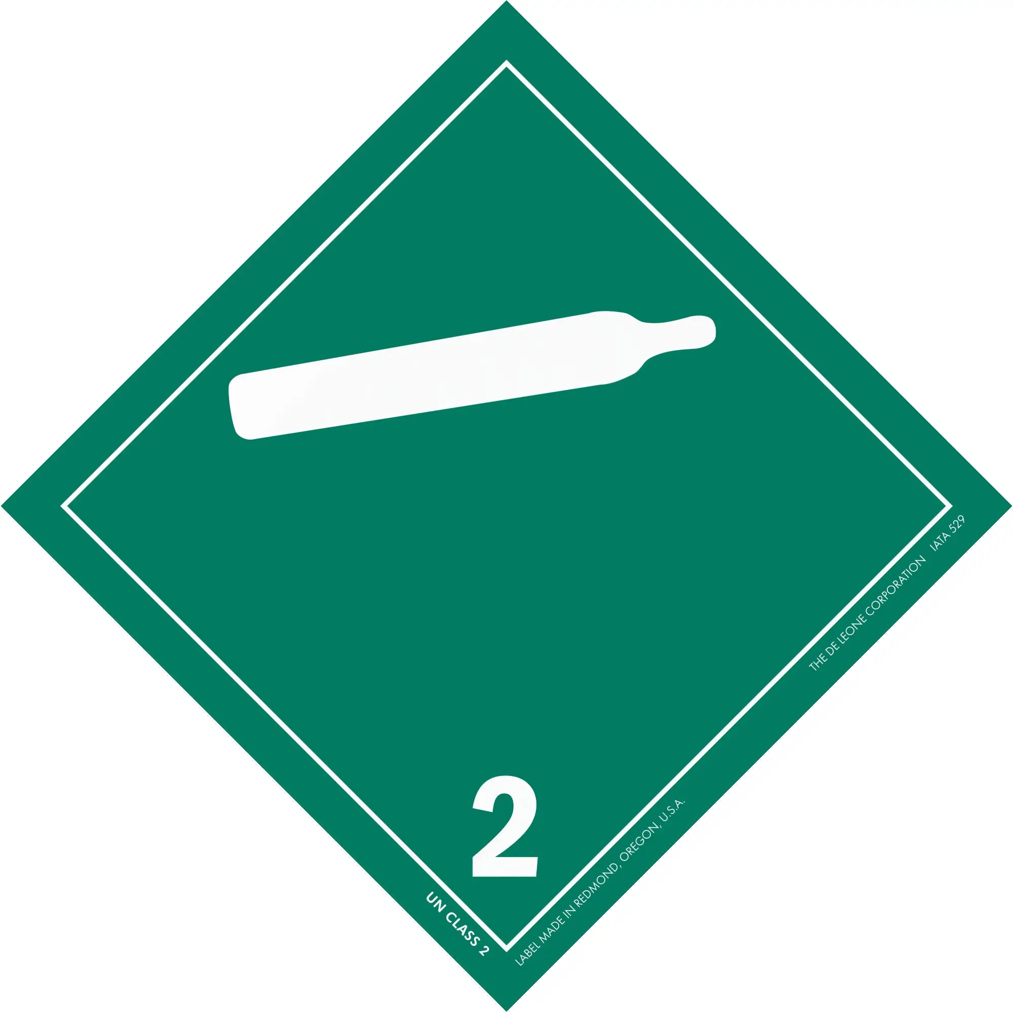Green diamond-shaped hazard placard with number 2 and compressed gas cylinder symbol.