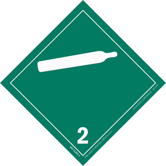 Green diamond-shaped hazard placard with number 2 and compressed gas cylinder symbol.