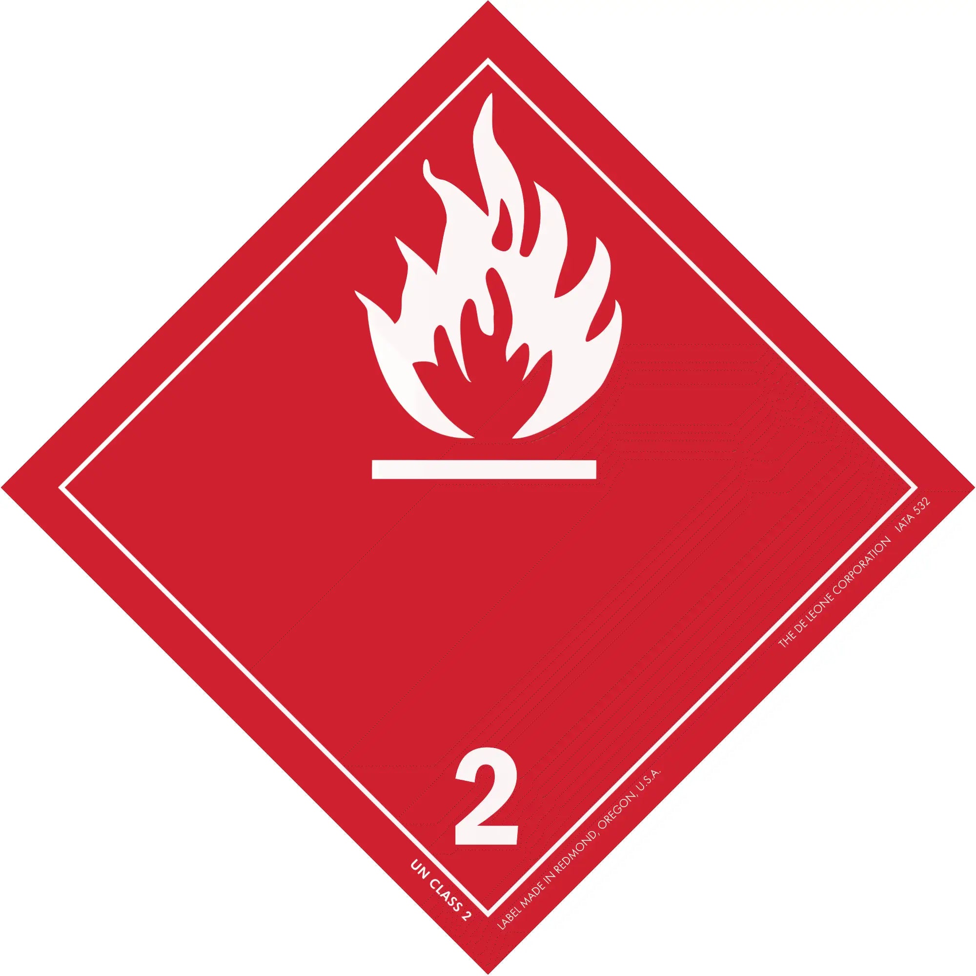 Red diamond-shaped hazard placard with white flame symbol and number 2, indicating flammable gases.