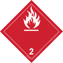 Red diamond-shaped hazard placard with white flame symbol and number 2, indicating flammable gases.