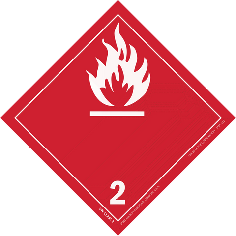 Red diamond-shaped hazard placard with white flame symbol and number 2, indicating flammable gases.