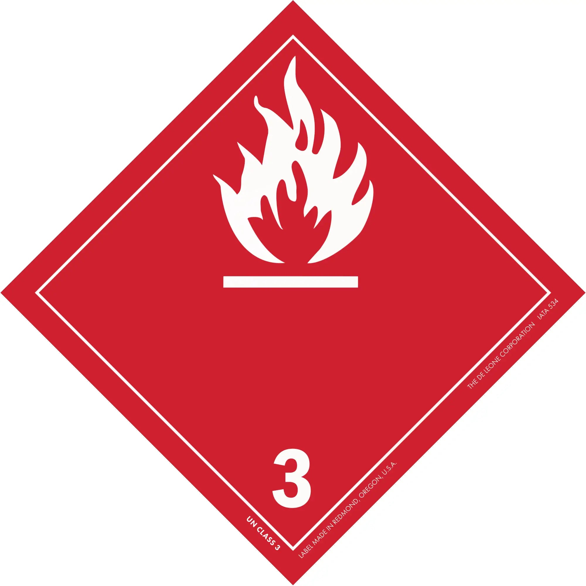 Red diamond-shaped hazard placard with white flame symbol and number 3, indicating flammable liquids.