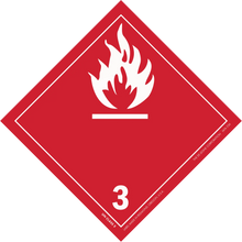 Red diamond-shaped hazard placard with white flame symbol and number 3, indicating flammable liquids.