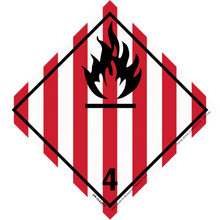 Hazardous material warning symbol for flammable solids with red and white stripes and black flame icon.