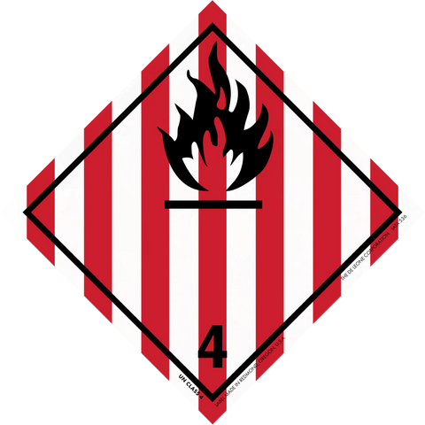 Hazardous material warning symbol for flammable solids with red and white stripes and black flame icon.