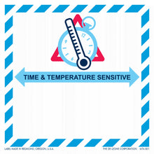 Time and temperature sensitive warning label with blue striped border and thermometer icon.