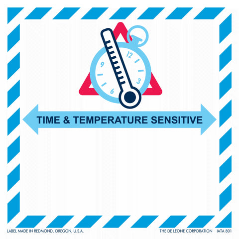 Time and temperature sensitive warning label with blue striped border and thermometer icon.