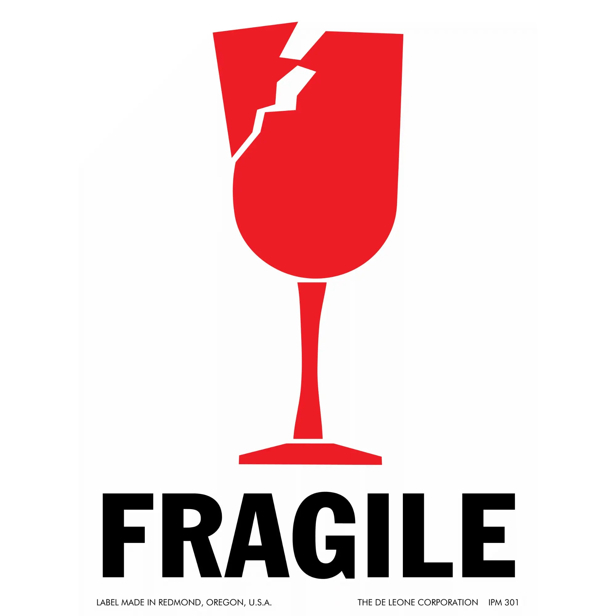 Red wine glass with a crack through it, positioned above the word ’FRAGILE’