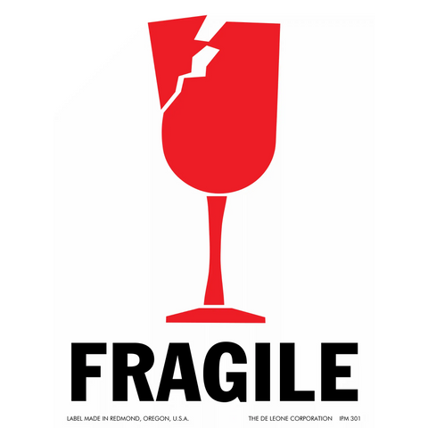 Red wine glass with a crack through it, positioned above the word ’FRAGILE’