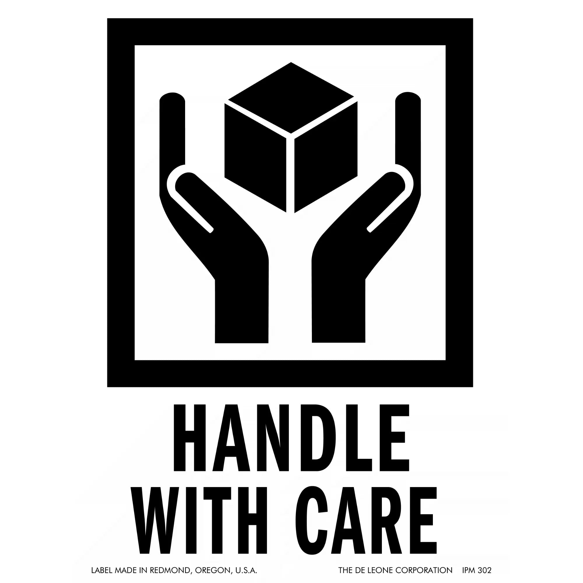 Black and white ’Handle with Care’ shipping symbol showing hands holding a cube.