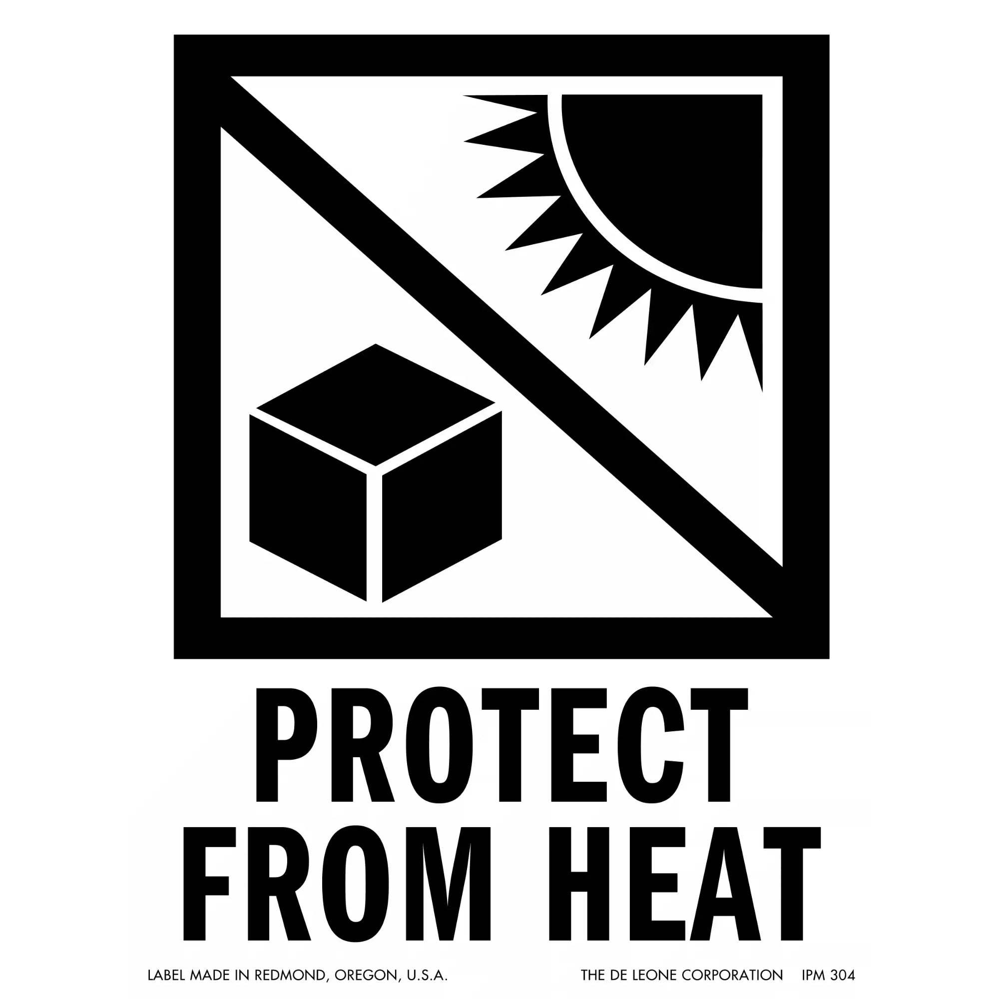 Black and white warning symbol showing a cube and sun separated by a diagonal line, with text ’PROTECT FROM HEAT’ below.