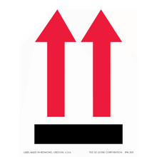 Two parallel red upward-pointing arrows above a black rectangle.