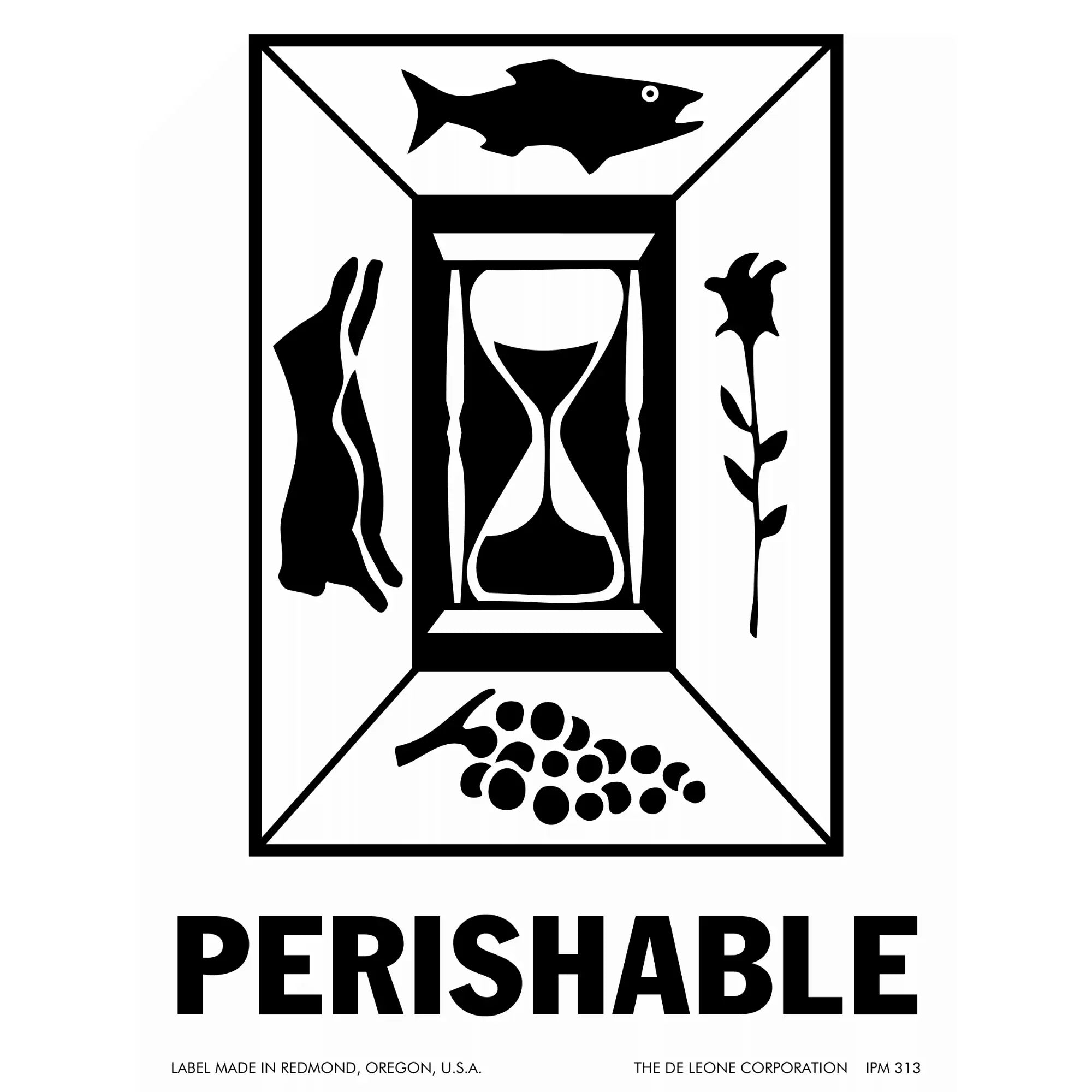Black and white symbol showing an hourglass surrounded by icons of a fish, rabbit, flower, and grapes with ’PERISHABLE’ text below.