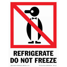 Warning sign with a penguin symbol in a red crossed-out circle indicating ’Refrigerate Do Not Freeze’