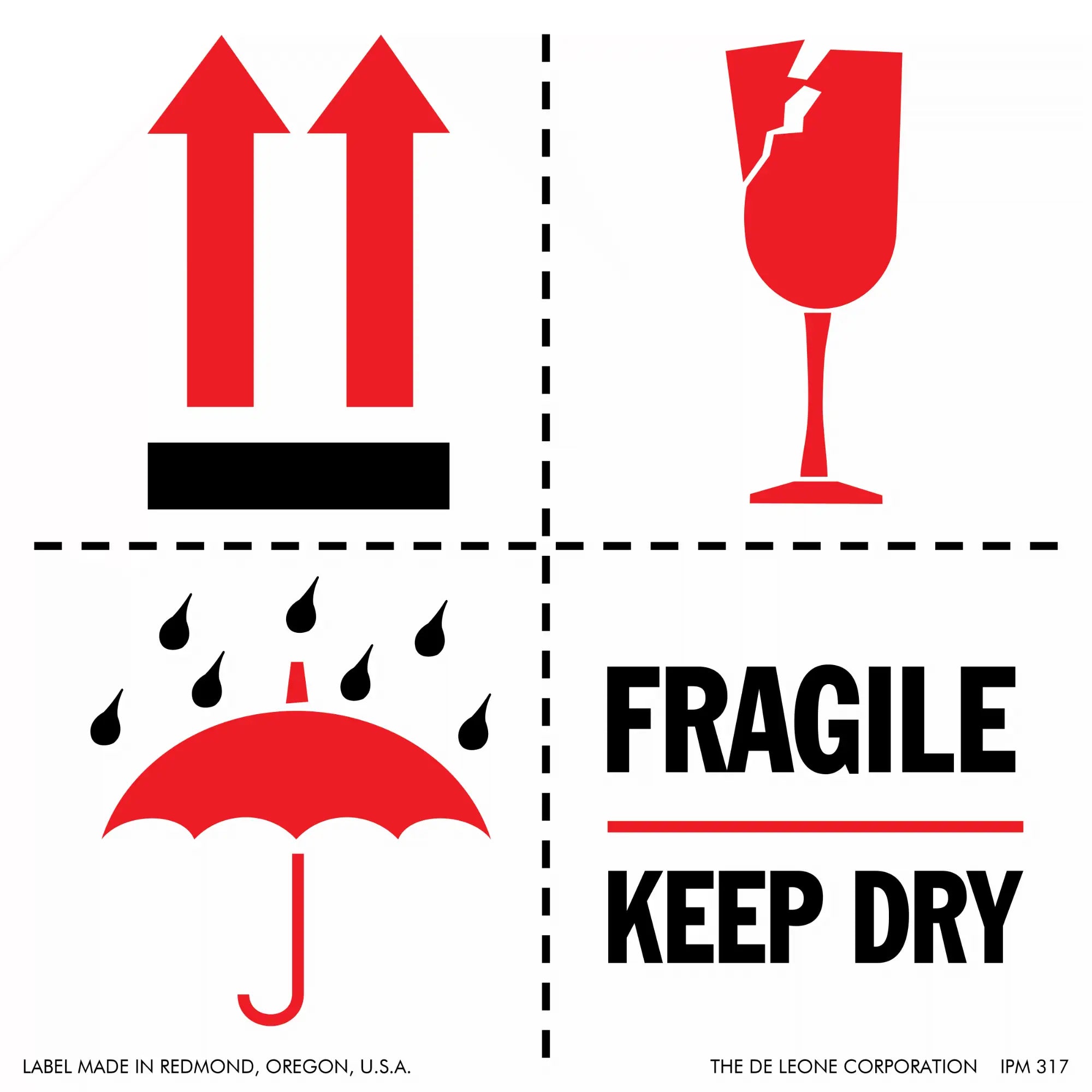 Shipping label with symbols indicating fragile contents that must stay upright and dry.
