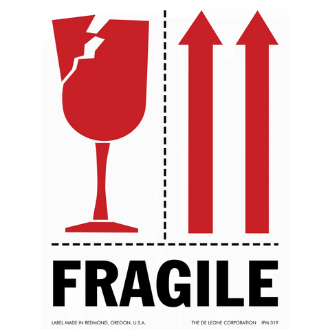 Red fragile warning symbol showing a broken wine glass and directional arrows.