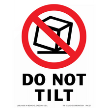 Warning sign with a crossed-out tilting box symbol and ’DO NOT TILT’ text.