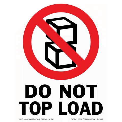 A red and black warning sign prohibiting stacking or top loading of boxes.