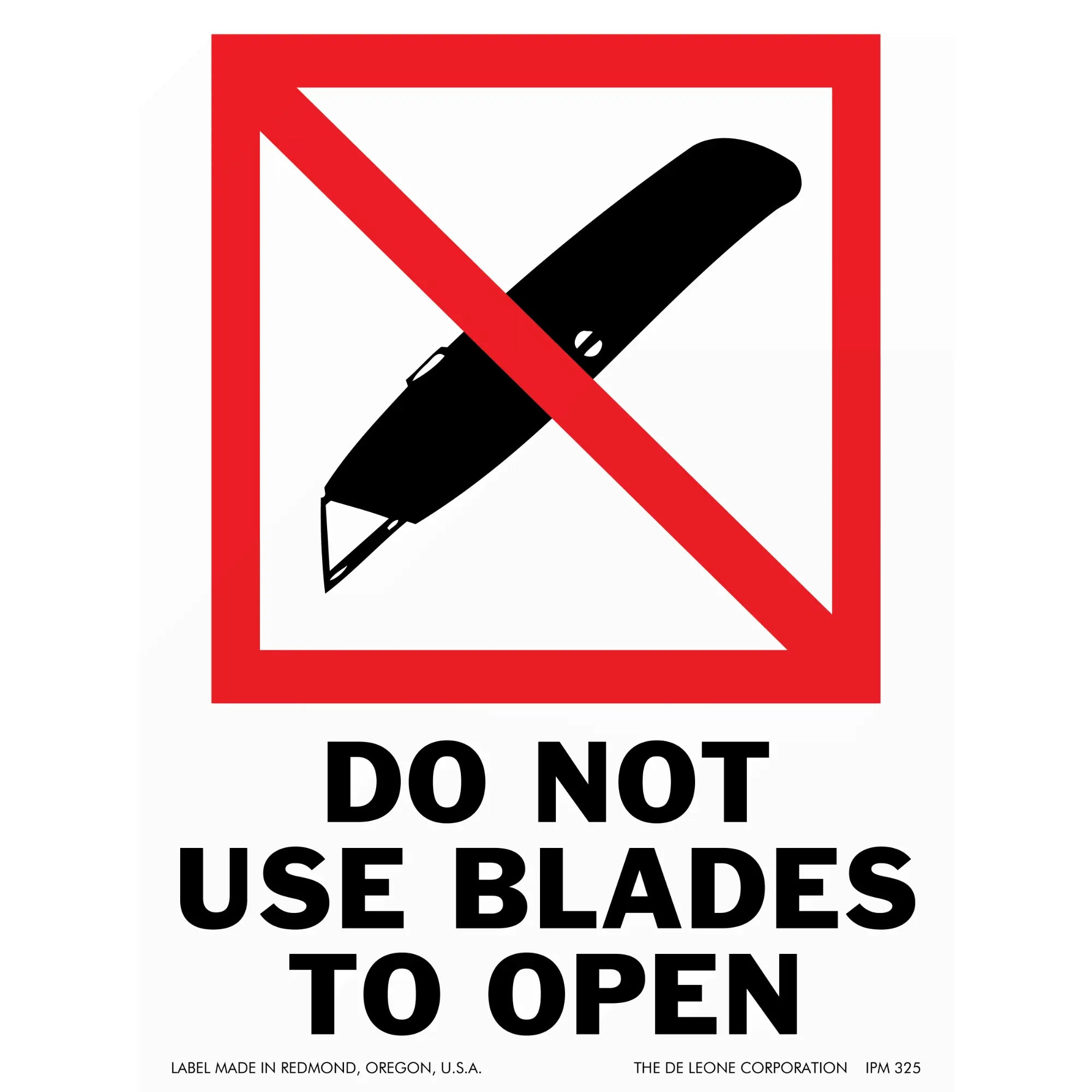 Warning sign prohibiting the use of blades to open packages.