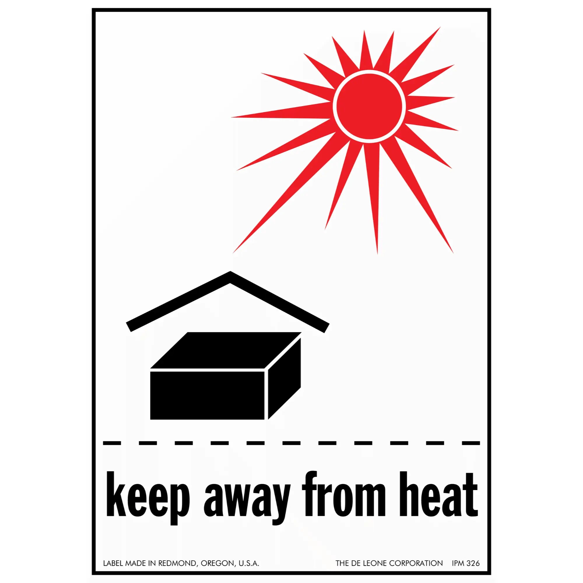 Warning symbol showing a box under a red sun with text ’keep away from heat’