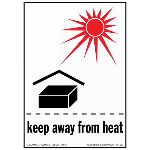 Warning symbol showing a box under a red sun with text ’keep away from heat’