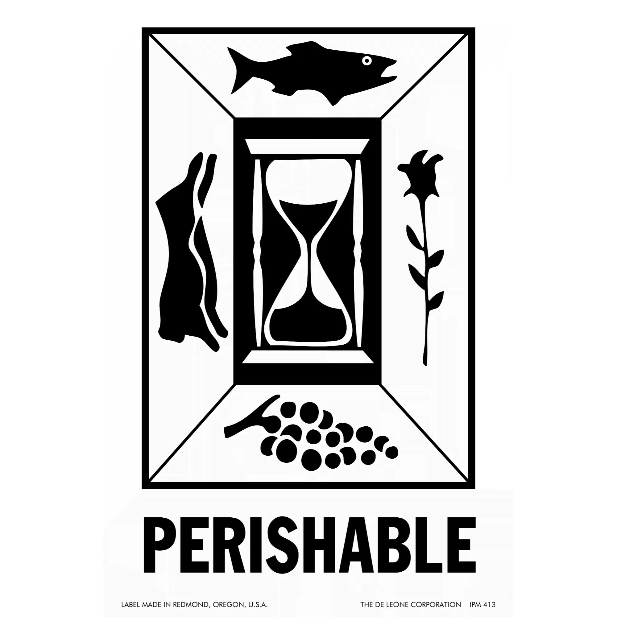 Black and white warning symbol showing an hourglass surrounded by food items like fish, meat, flower, and grapes with ’PERISHABLE’ text below.
