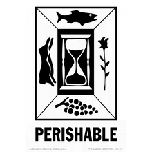 Black and white warning symbol showing an hourglass surrounded by food items like fish, meat, flower, and grapes with ’PERISHABLE’ text below.