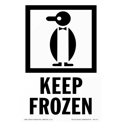 A stylized black penguin wearing a bow tie inside a square frame, with ’KEEP FROZEN’ text below.