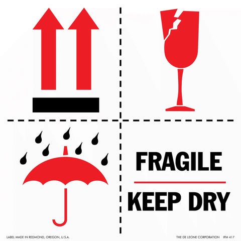 Package handling instruction label showing ’Fragile Keep Dry’ symbols with arrows, umbrella, and broken glass icons in red and black.