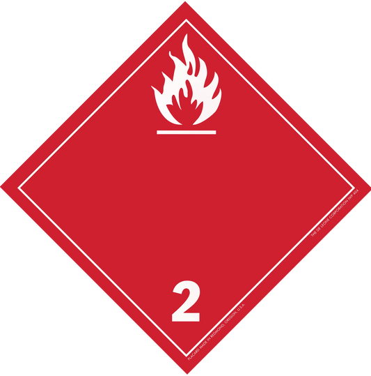 Red diamond-shaped hazard placard with flame symbol and number 2, indicating flammable gases.