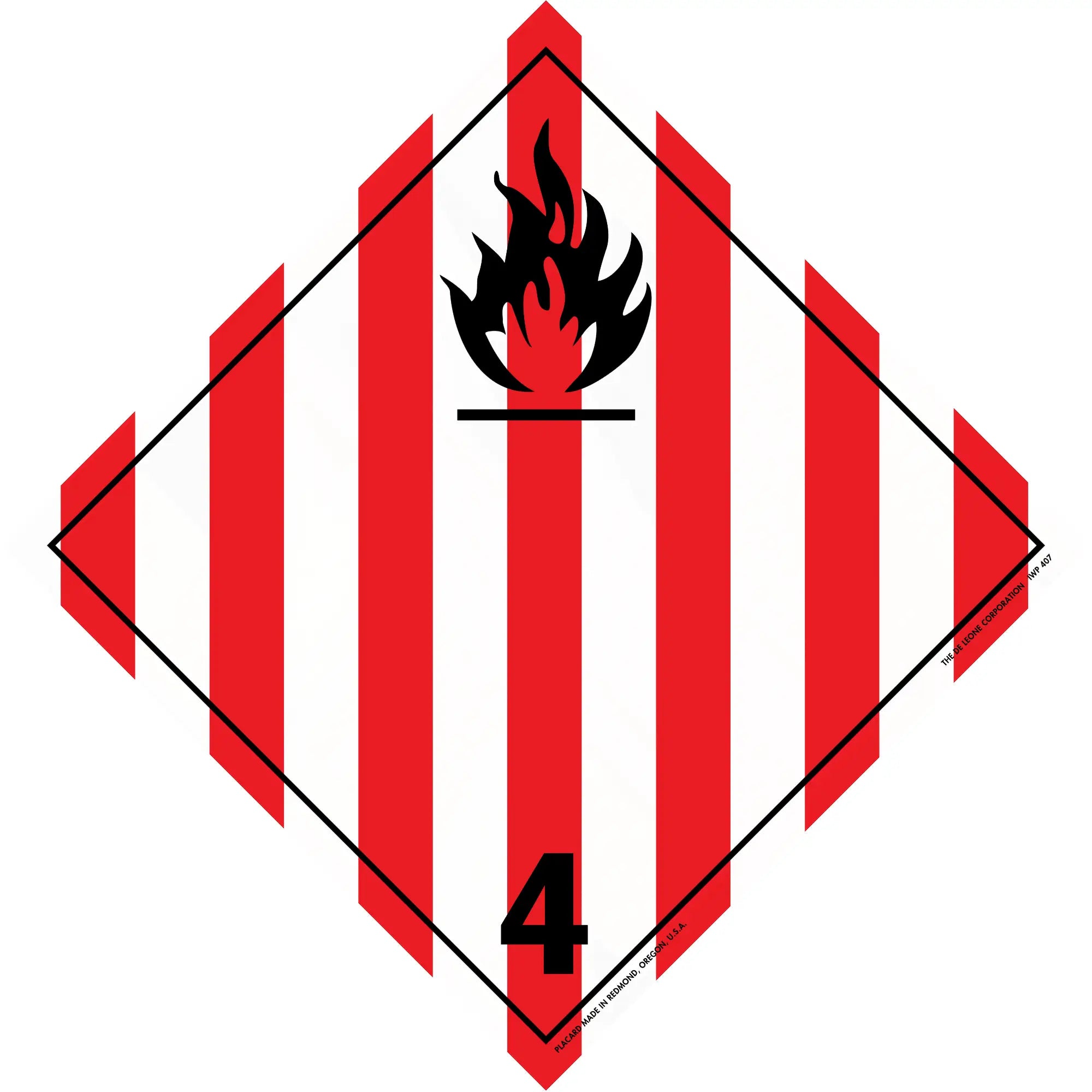 Hazardous material warning placard with red and white stripes and a black flame symbol marked with number 4.