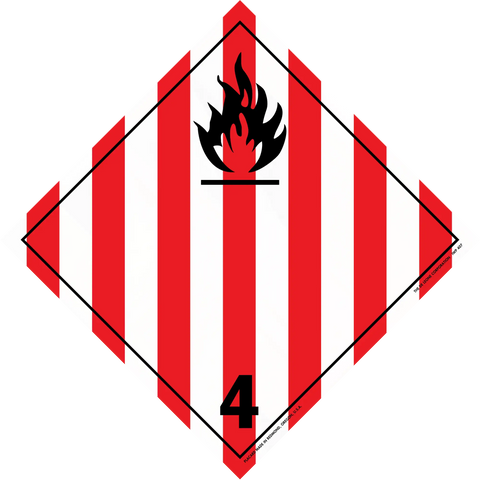 Hazardous material warning placard with red and white stripes and a black flame symbol marked with number 4.